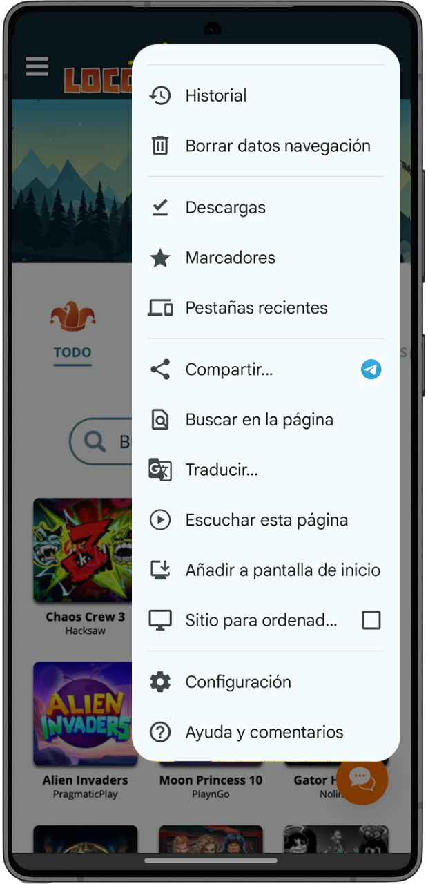 Un teléfono móvil con una captura de pantalla con configuración y gestión de página.