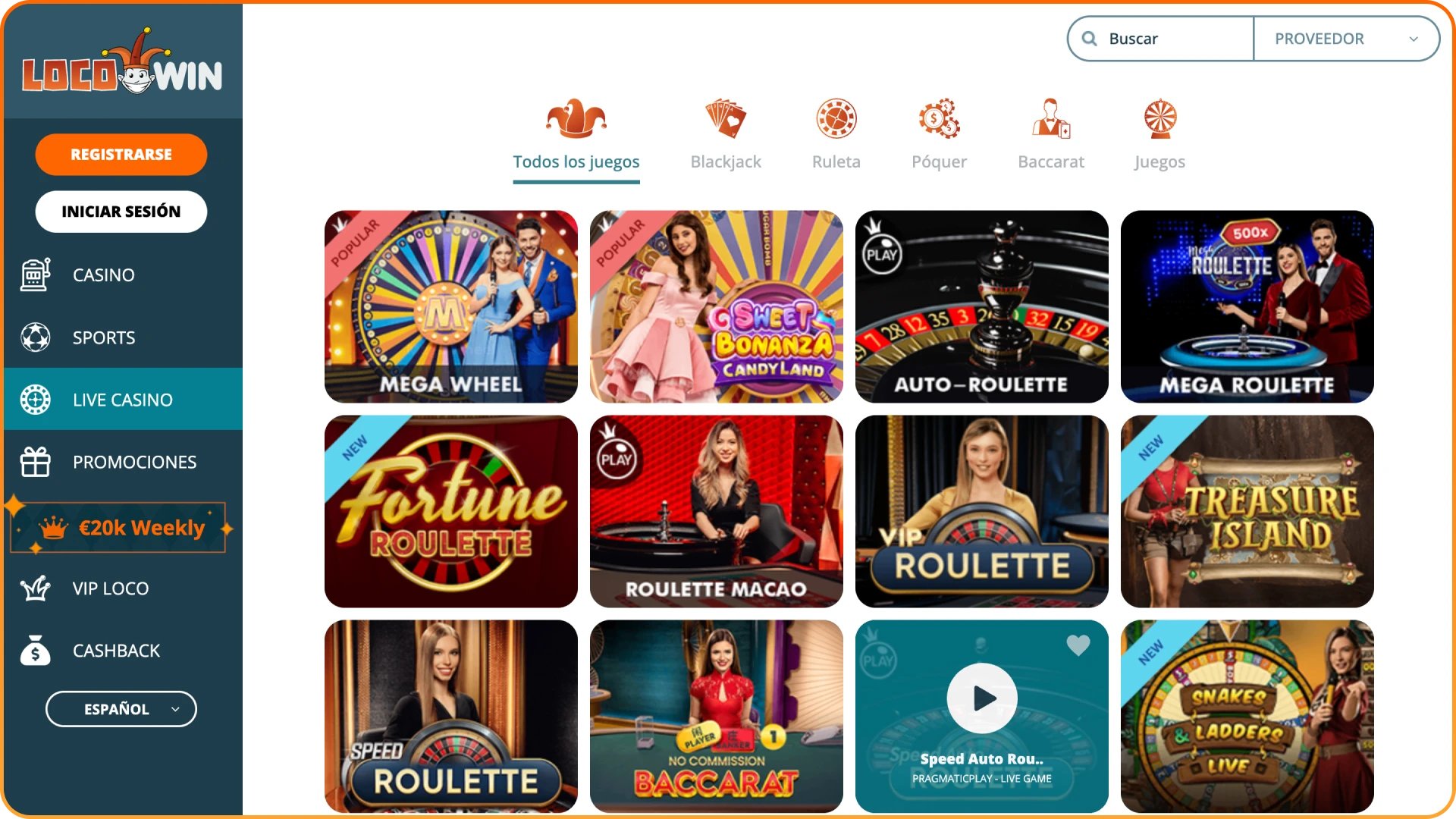 Captura de pantalla de la página de Casino de Locowin.