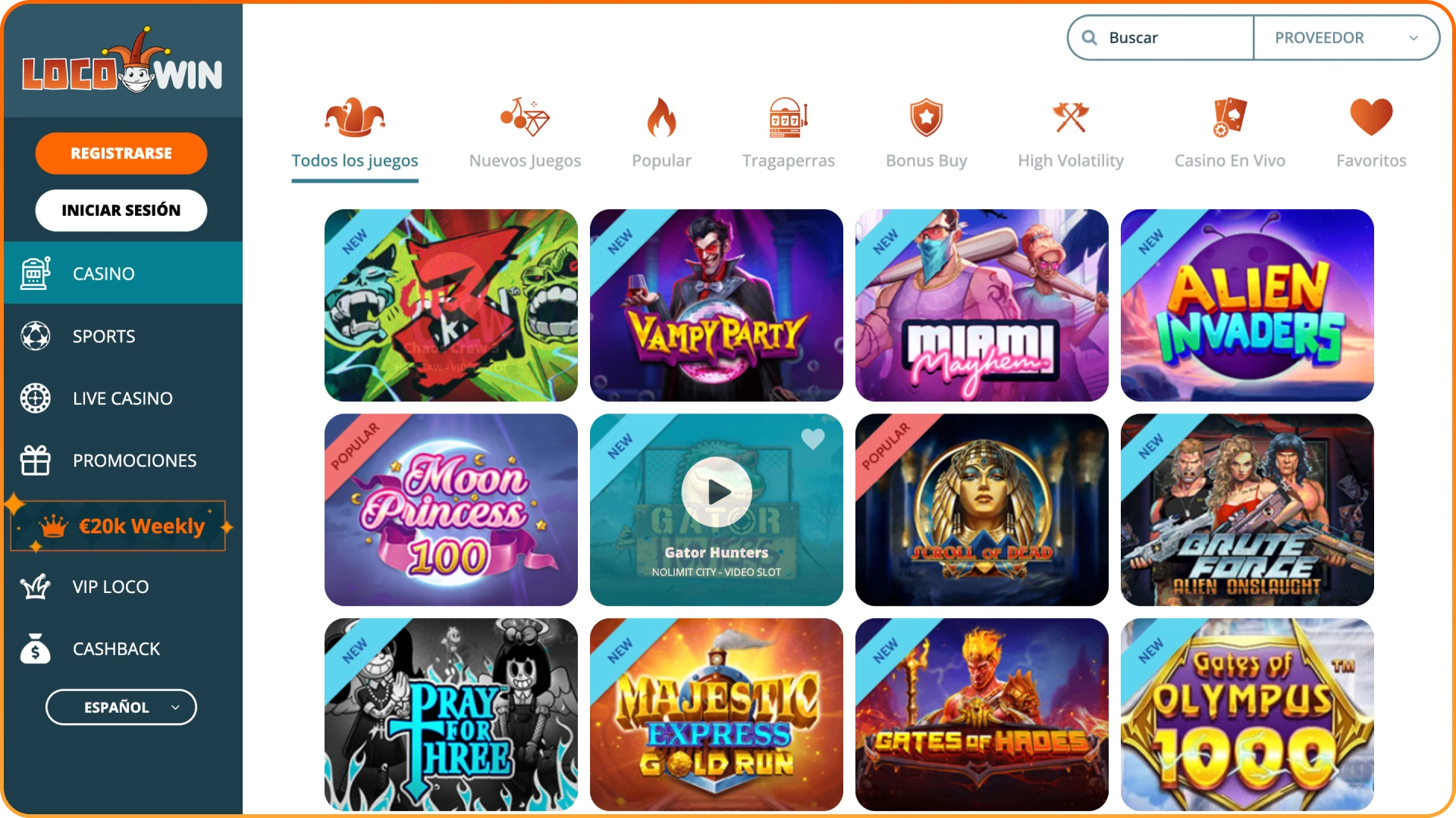 Captura de pantalla de la página de juegos de Locowin.